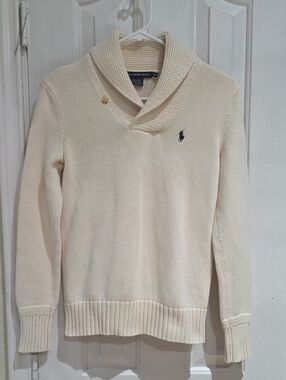 Ralph Lauren Cream Shawl Collar Cotton Sweater Size M
